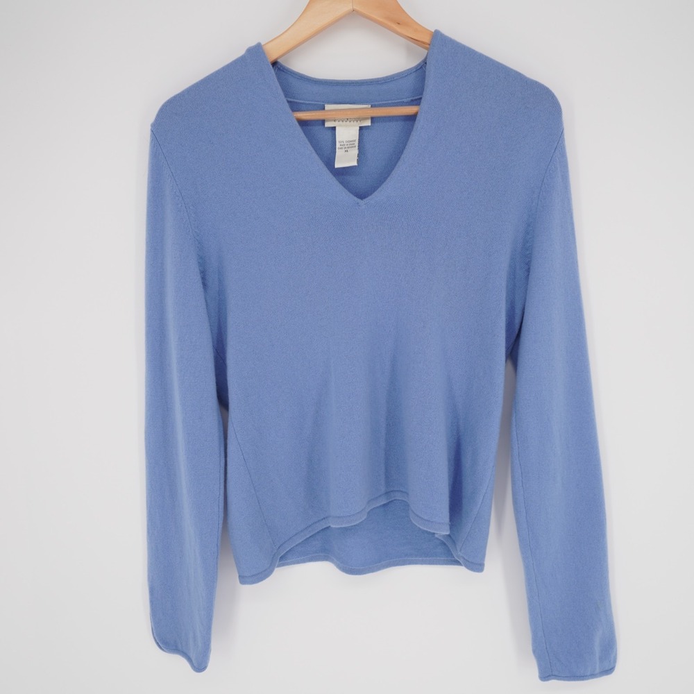 Neiman Marcus 100% Cashmere V Neck Sweater Womens XL Blue Classic Luxury Crop